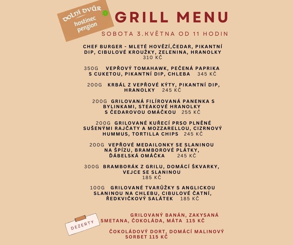Cream And Red Modern Grill Menu Portrait - Dolní dvůr Veřovice